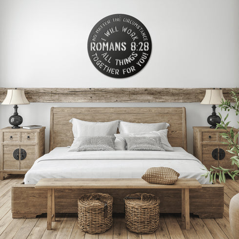 #149 - Romans 8:28 circular metal wall art