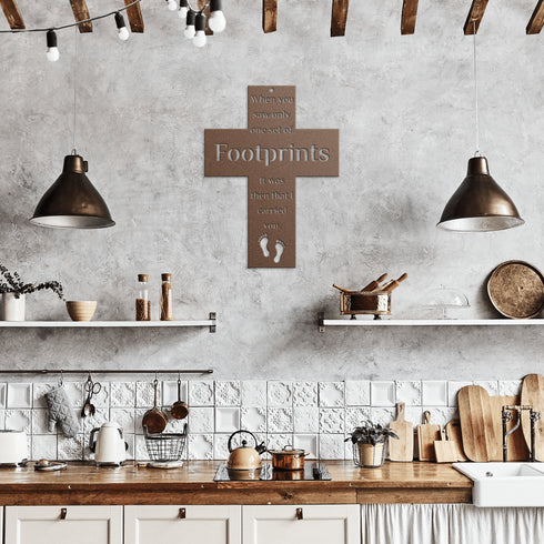 #185 - Footprints in the Sand Cross Metal Wall Art