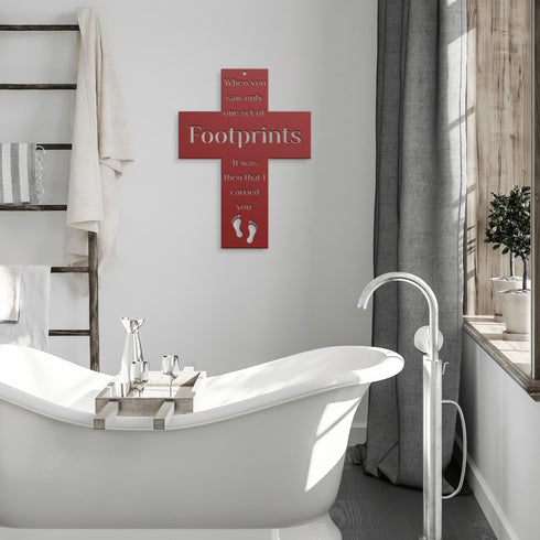 #185 - Footprints in the Sand Cross Metal Wall Art