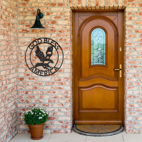 #75 - Eagle Silhouette Metal Wall Art – God Bless America Round Sign