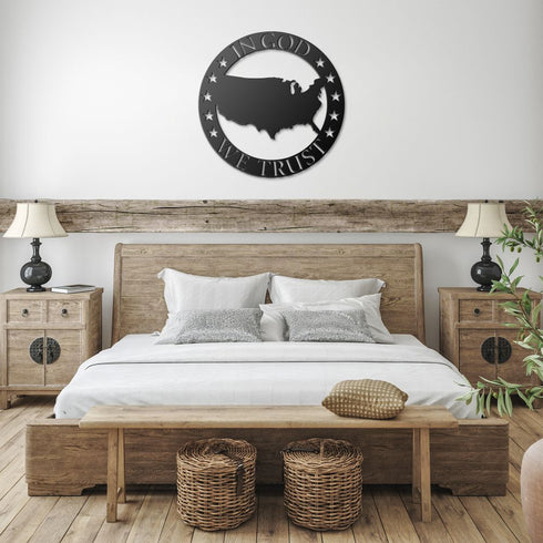 #78 - USA Shape Metal Sign in Circle – In God We Trust Wall Art