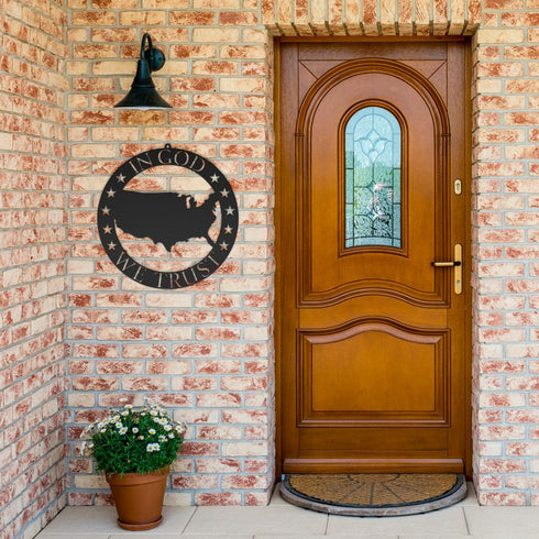 #78 - USA Shape Metal Sign in Circle – In God We Trust Wall Art