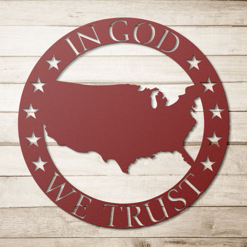 #78 - USA Shape Metal Sign in Circle – In God We Trust Wall Art