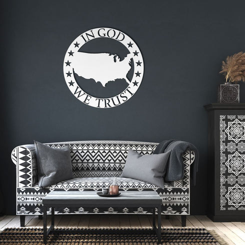 #78 - USA Shape Metal Sign in Circle – In God We Trust Wall Art