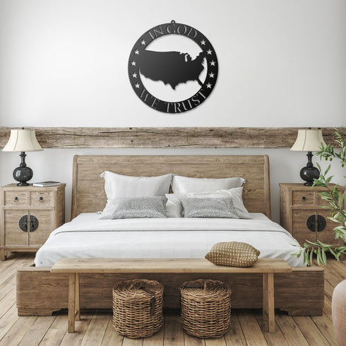 #78 - USA Shape Metal Sign in Circle – In God We Trust Wall Art