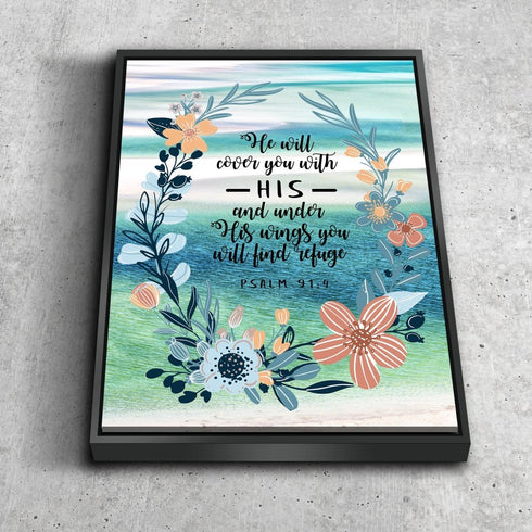 #8 Psalm 91:4 Floral Wreath Wall Art “Under His Wings You Will Find Refuge”