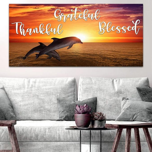 Sunset Dolphins #7 Thankful, Grateful & Blessed Wall Art